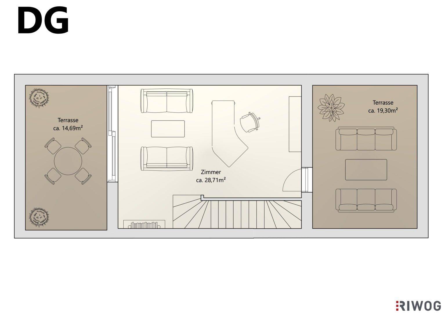 Grundriss des Dachgeschosses mit einem großen Zimmer und zwei großzügigen Terrassen.