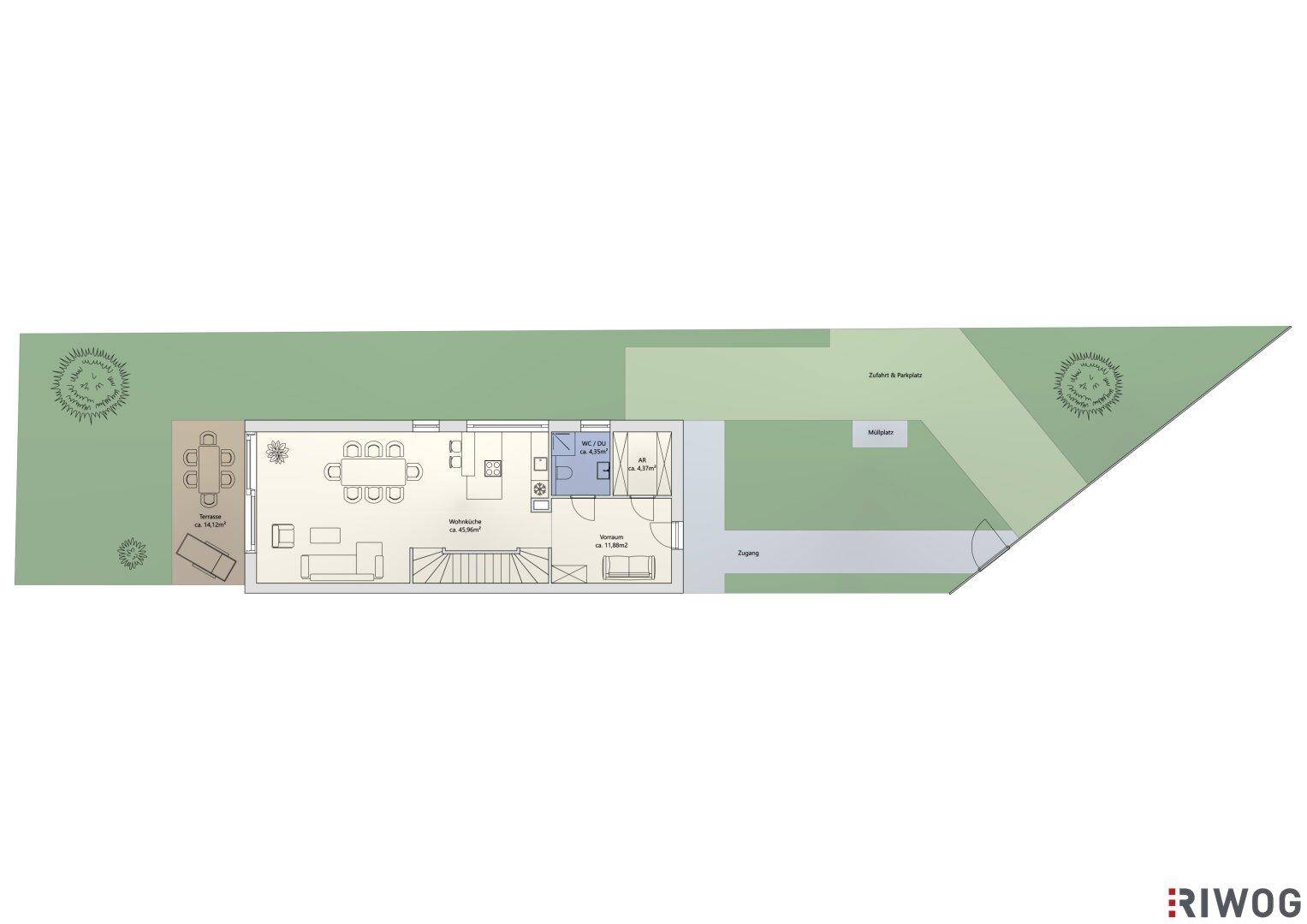 Grundriss des Erdgeschosses mit offenem Wohnbereich, Küche, WC und Zugang zur Terrasse und Garten.