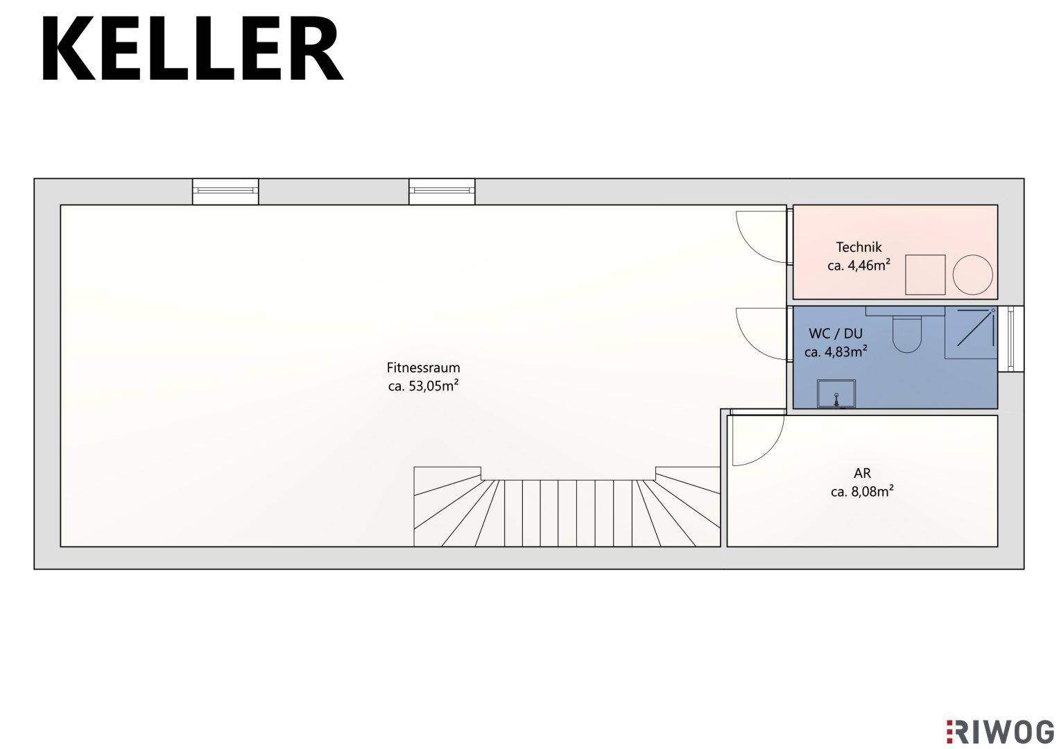 Grundriss des Kellers mit Fitnessraum, Technikbereich, WC/Dusche und Abstellraum.