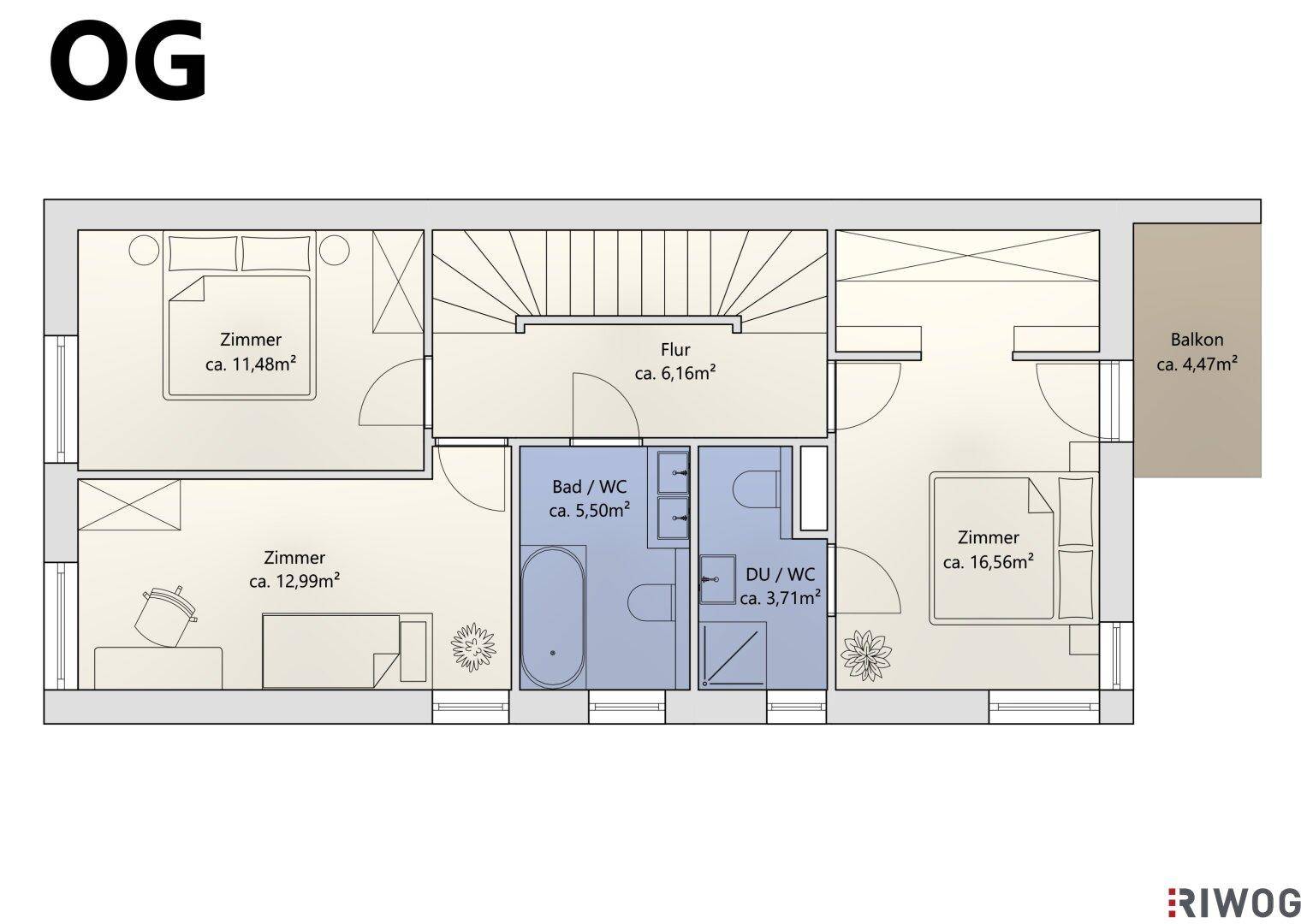 Grundriss des Obergeschosses mit drei Schlafzimmern, zwei Bädern und einem Balkon.