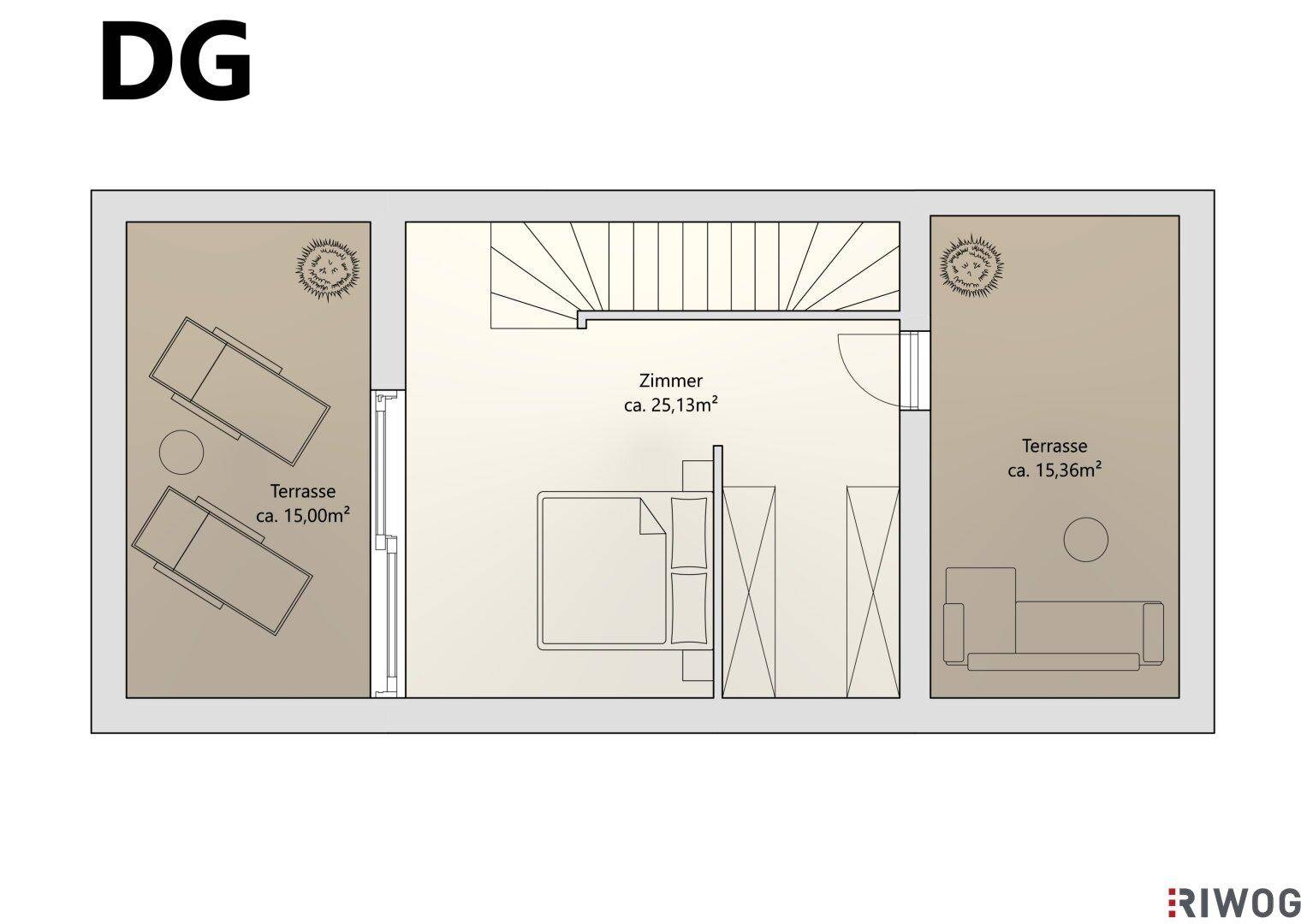 Grundriss des Dachgeschosses mit einem Schlafzimmer und zwei großzügigen Dachterrassen.