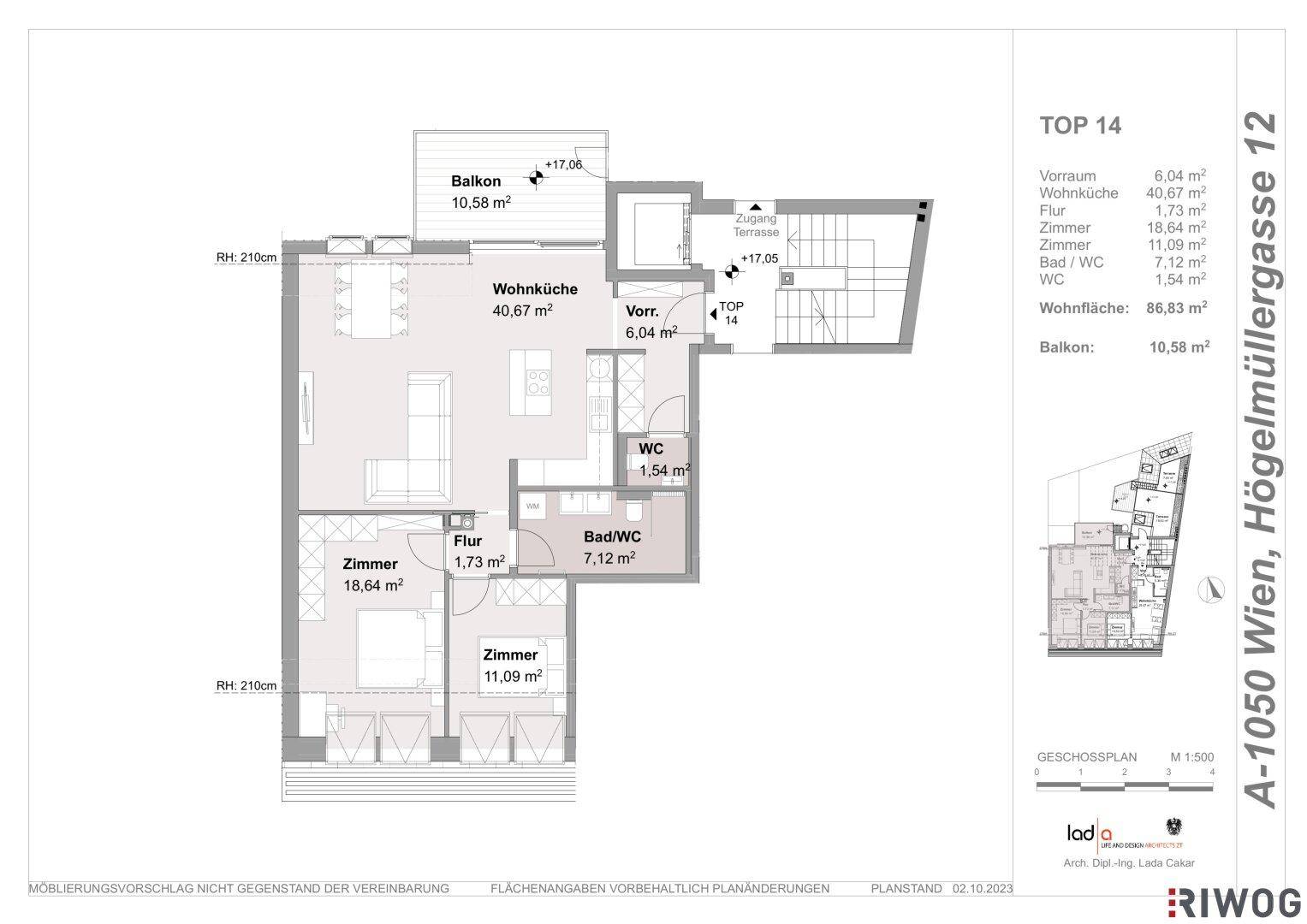 Grundriss der Wohnung TOP 14 mit Wohnküche, drei Zimmern, zwei Bädern und Balkon.