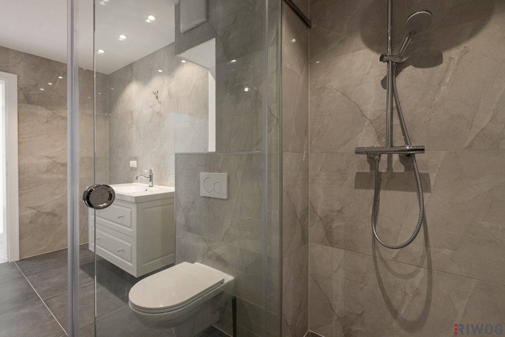 Detailansicht des modernen Badezimmers mit Duschbereich, Toilette und Waschtisch.