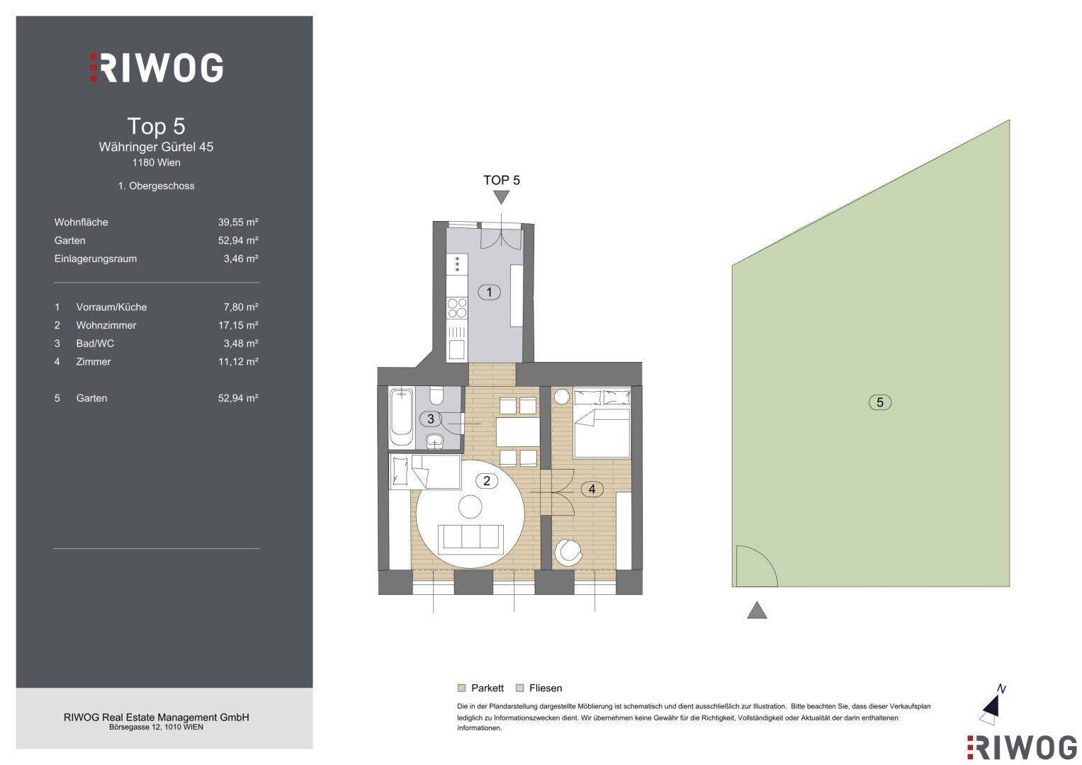 Grundriss der Wohnung Top 5 mit Wohnfläche, Garten und Zimmeraufteilung.