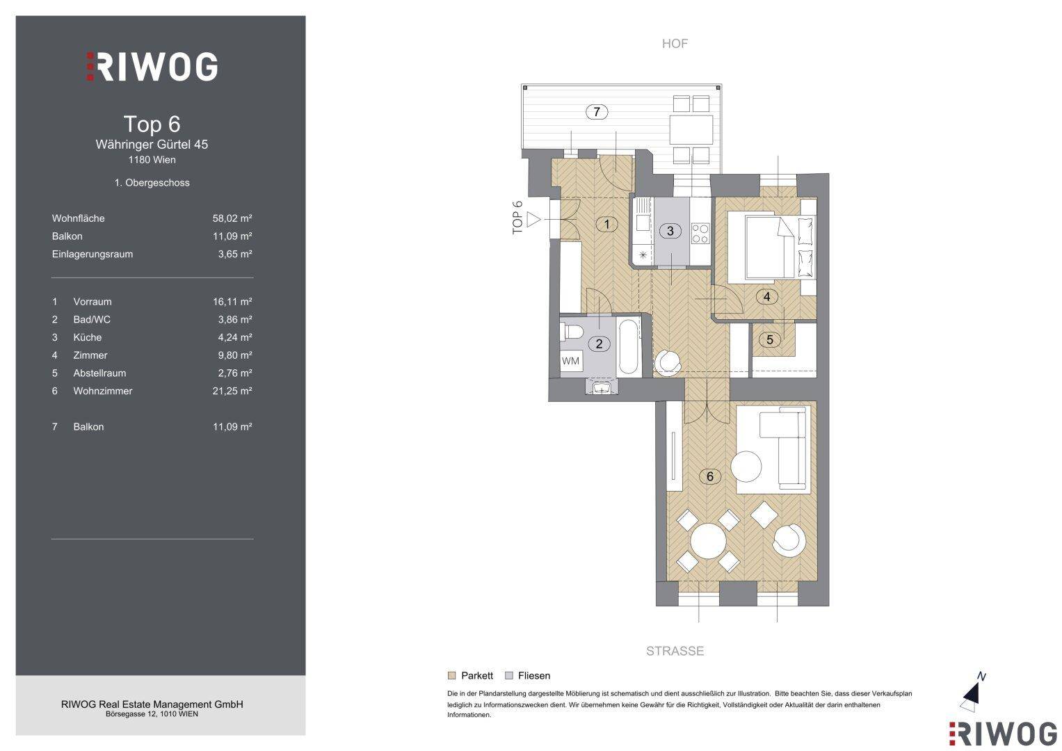 Grundriss der Wohnung Top 6 mit 58,02 m² Wohnfläche und zwei Balkonen.