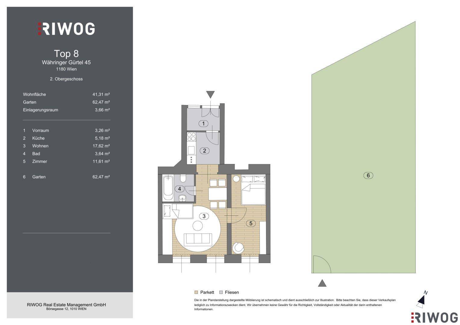 Grundriss der Wohnung Top 8 mit Wohnfläche und Gartenanteil.