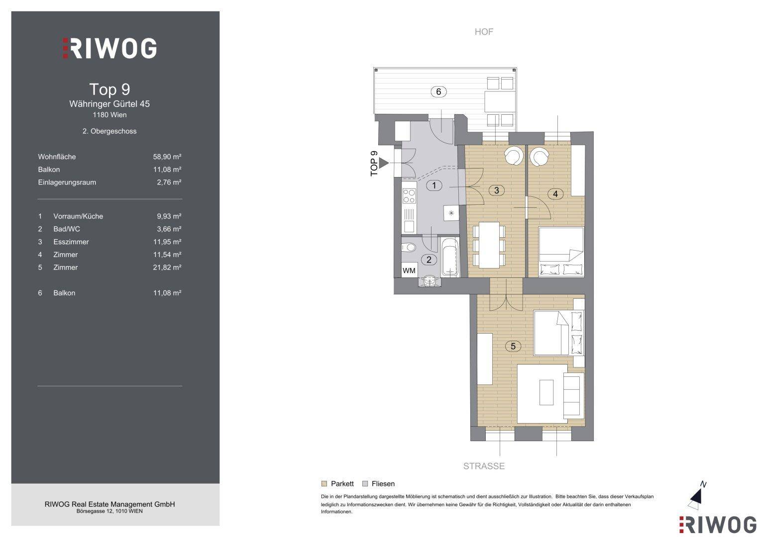 Grundriss der Wohnung Top 9 mit 58,90 m² Wohnfläche und zwei Balkonen.