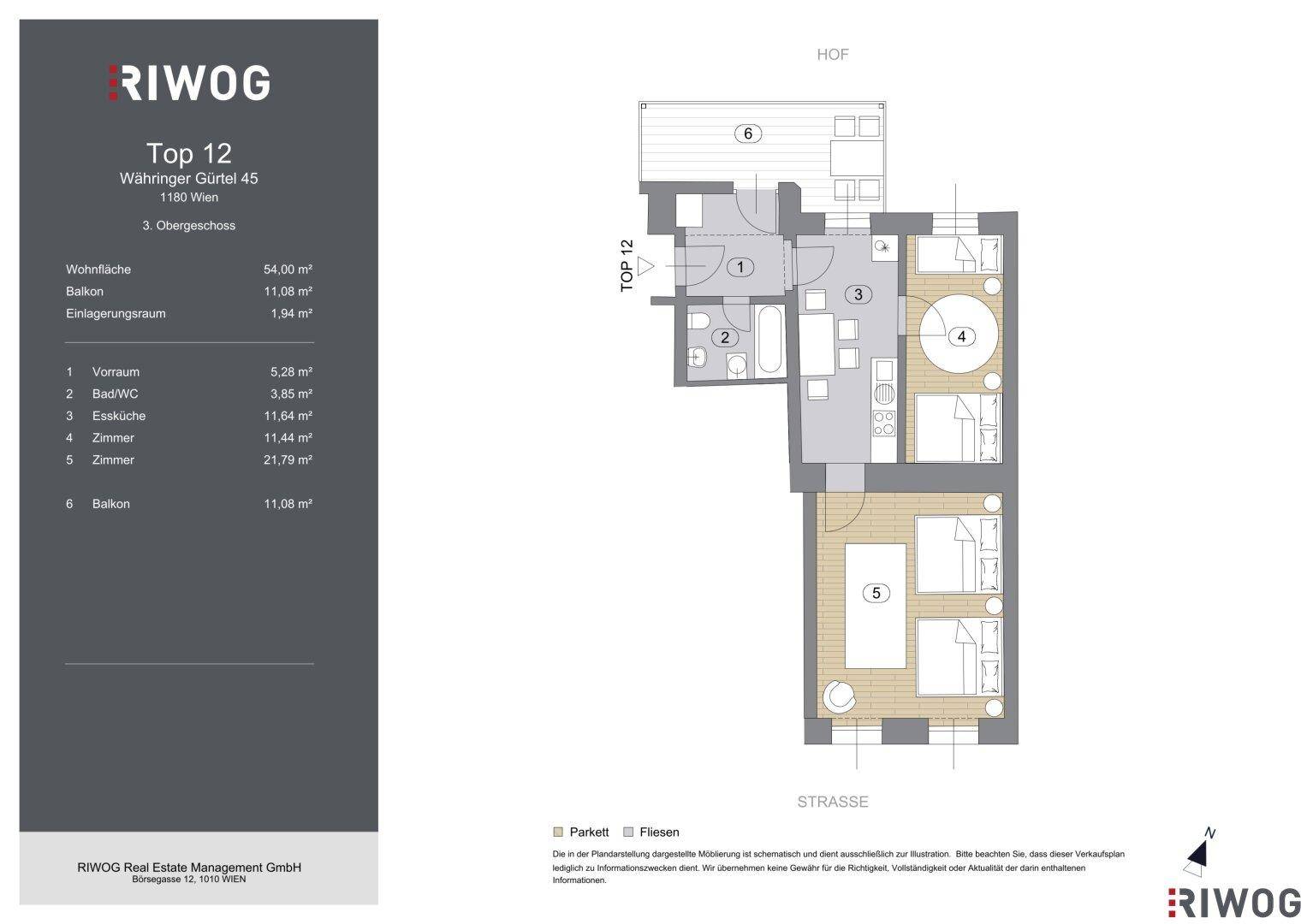 Grundriss der Wohnung Top 12 mit Raumaufteilung, zwei Balkonen und Nasszellen.