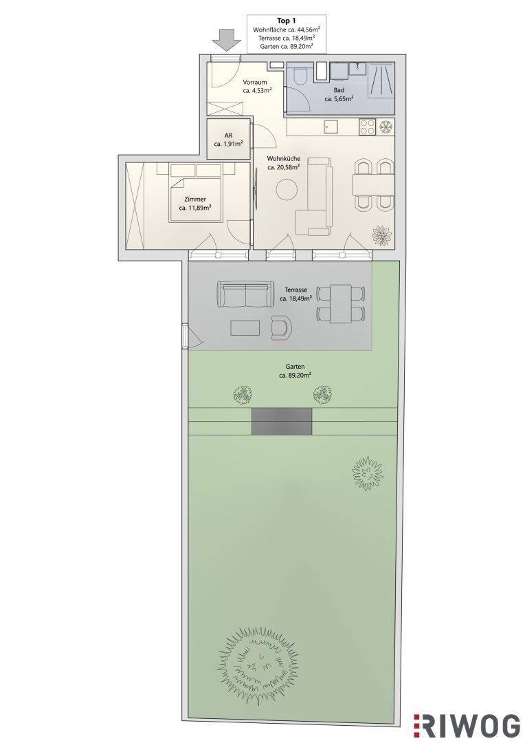 Übersichtlicher Grundriss von Top 1 mit Wohnküche, Zimmer, Bad, Terrasse und langem Garten.