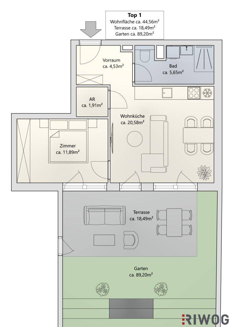 Grundriss von Top 1 mit Wohnküche, einem Zimmer, Bad, Terrasse und großem Gartenbereich.