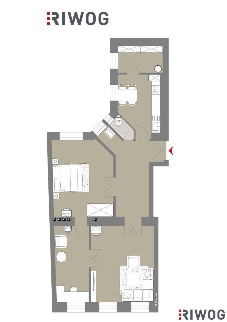 Grundriss einer Wohnung mit Schlafzimmer, offenem Wohnbereich und separater Küche.
