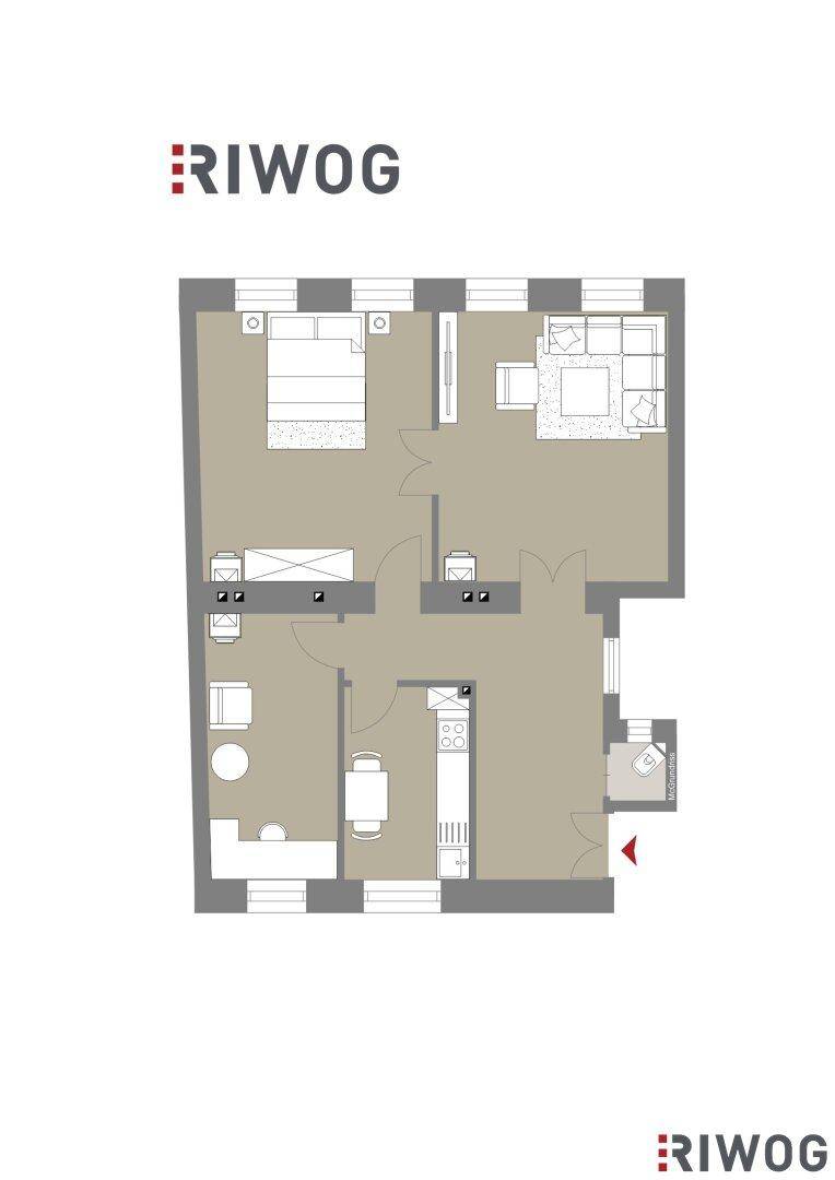 Moderner Grundriss einer Wohnung mit Schlafzimmer, Wohnbereich und offener Küche.