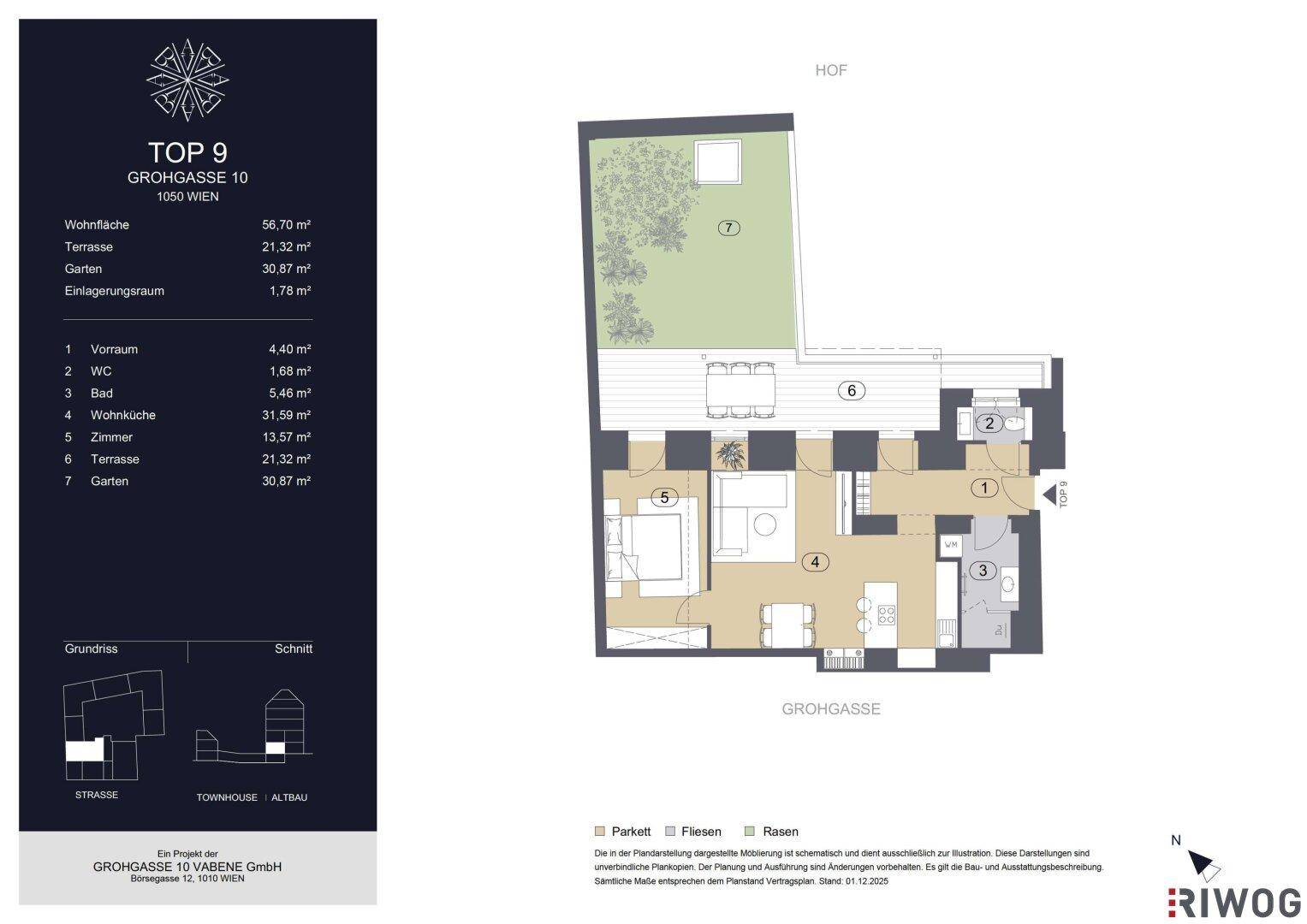 Grundriss einer Wohnung mit offener Wohnküche, einem Zimmer, Bad, separatem WC, Terrasse und Garten.