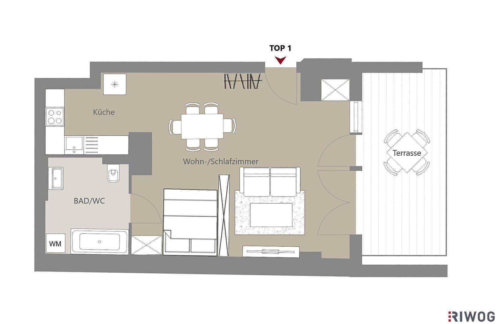 Grundriss der Wohnung Top 1 mit offener Wohnküche, Schlafzimmer und Terrasse.