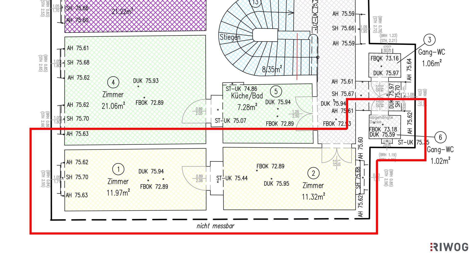 Grundrissplan mit mehreren Zimmern, Küche/Bad und Treppenhaus.