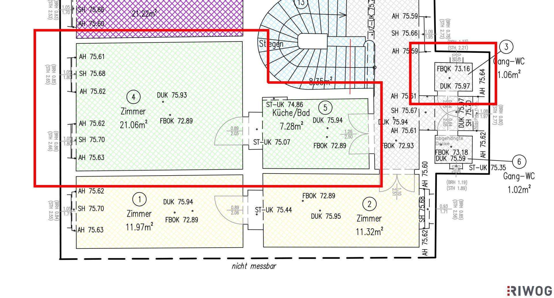 Grundrissplan mit Zimmeraufteilung, Treppenhaus und WC-Bereich.