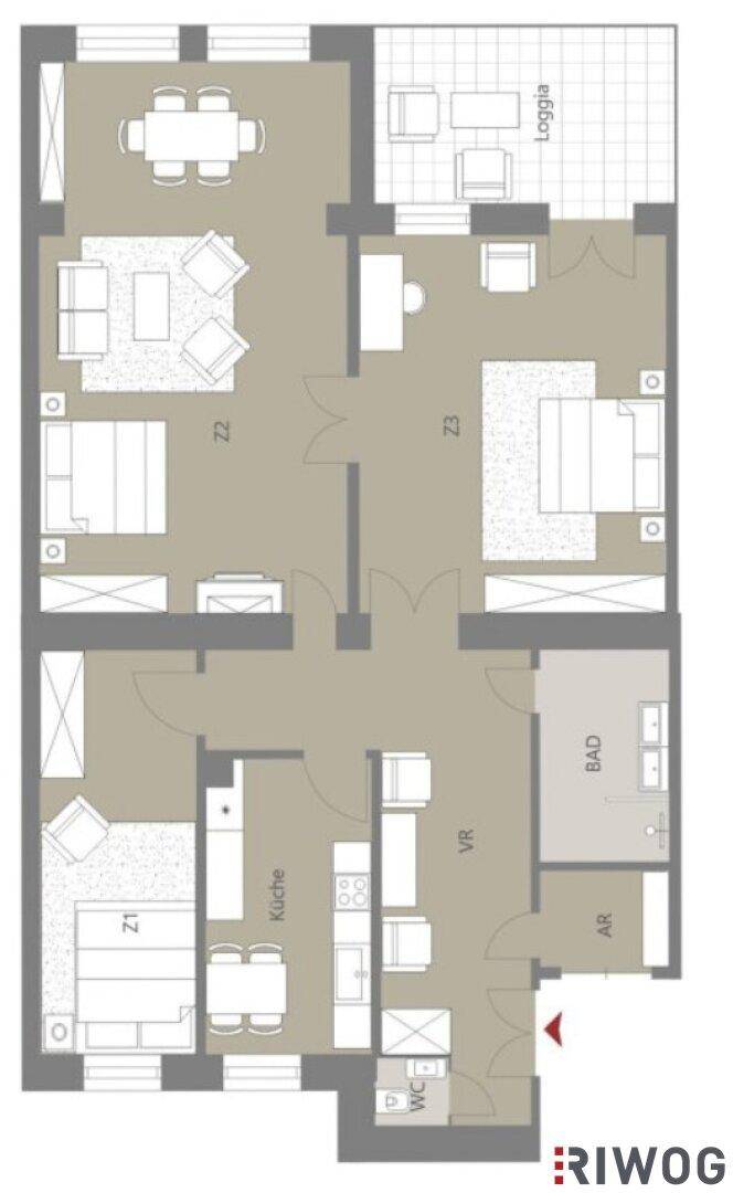 Detaillierter Grundriss einer Wohnung mit drei Zimmern, offener Küche, Bad, separatem WC und Loggia.