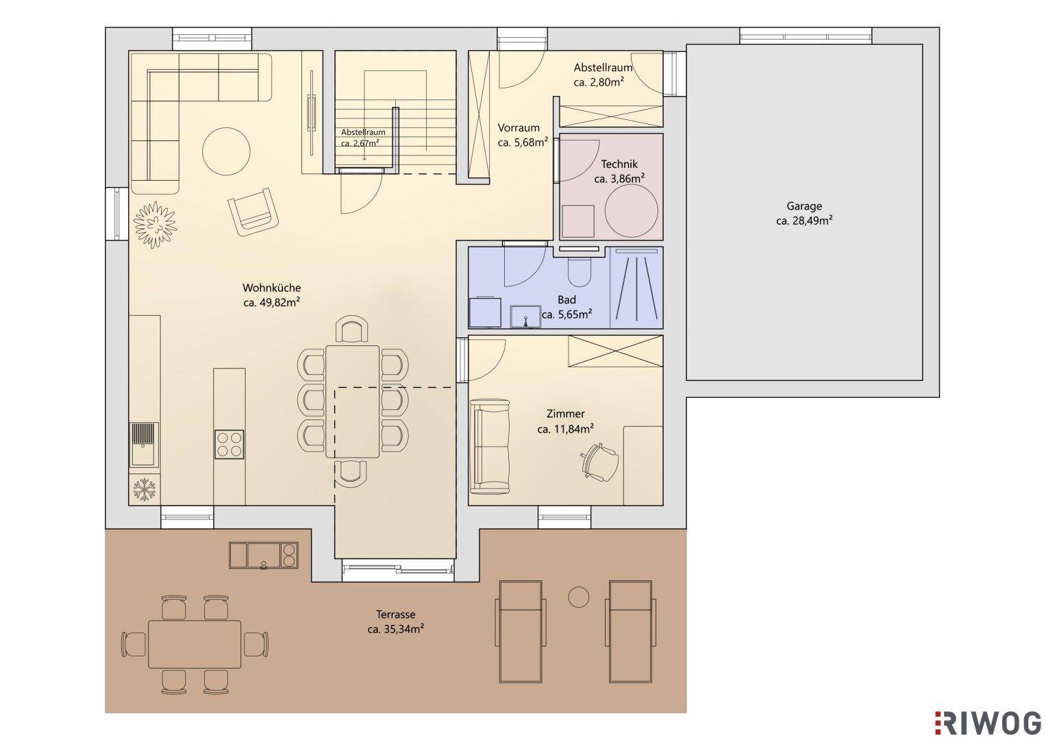 Grundriss des Erdgeschosses mit offener Wohnküche, Bad, Zimmer und großer Terrasse.