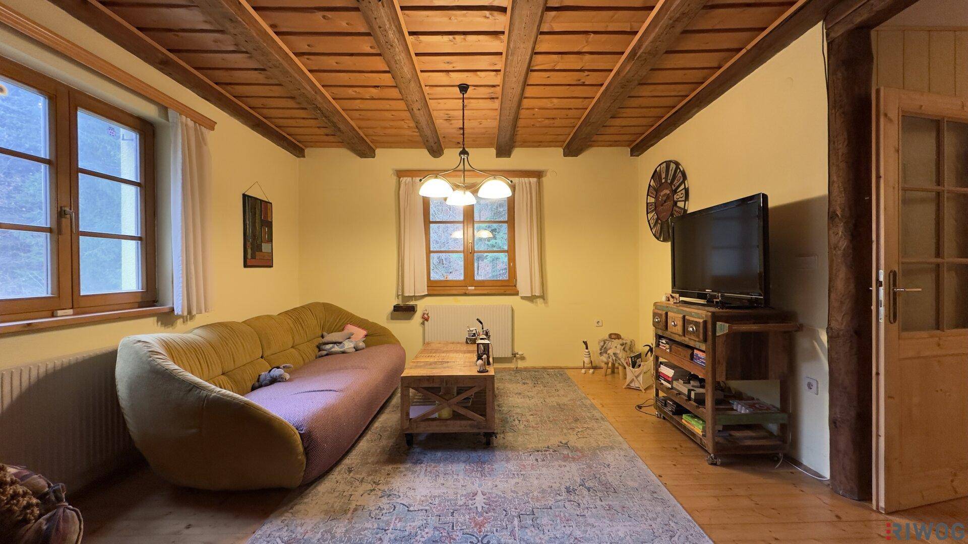 Wohnzimmer mit Holzbalkendecke, Holzboden und Fernseher, ideal für entspannte Abende.