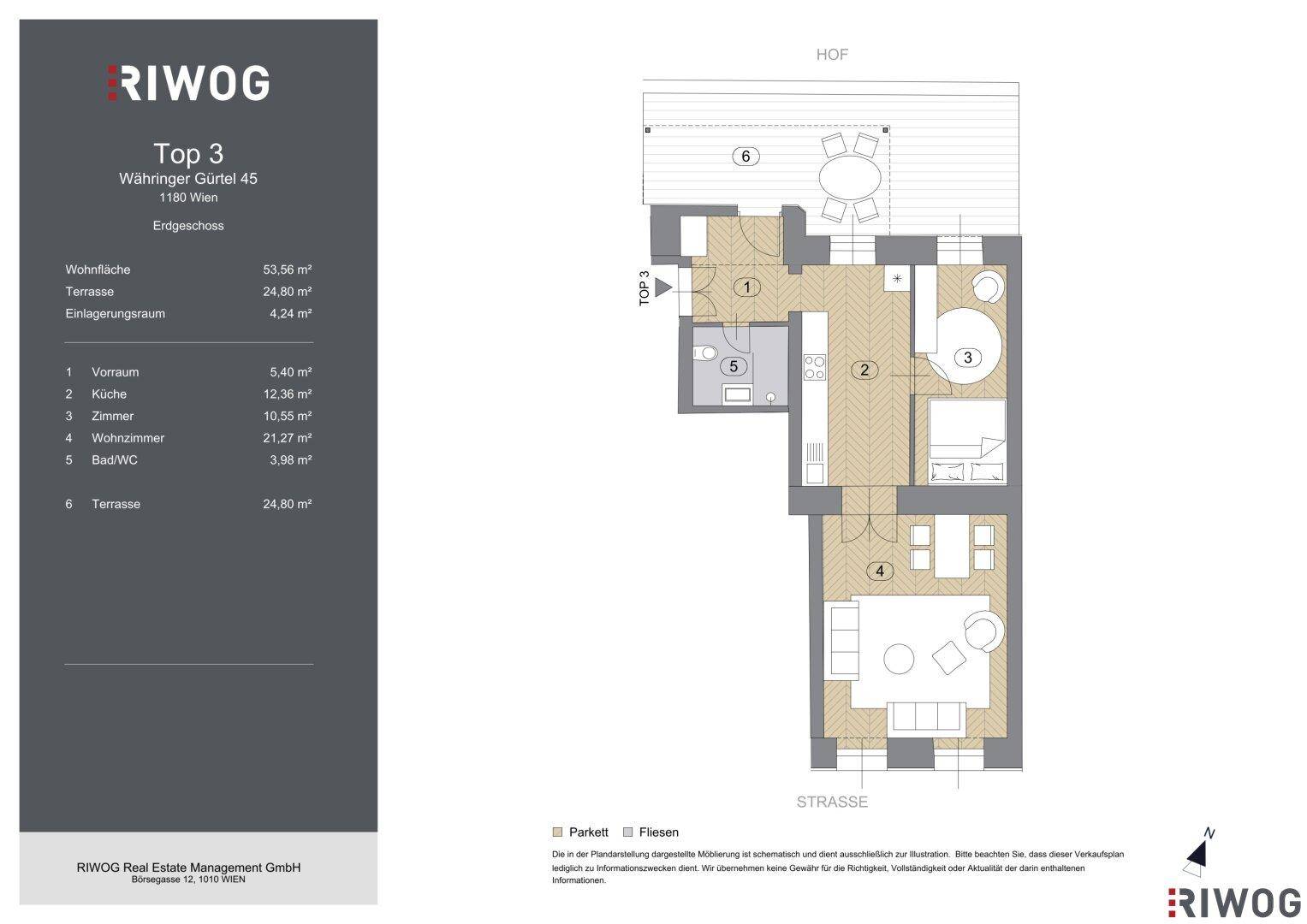 Grundriss der Wohnung Top 3 im Erdgeschoss mit großzügiger Terrasse, offenem Wohnbereich und modernem Bad.