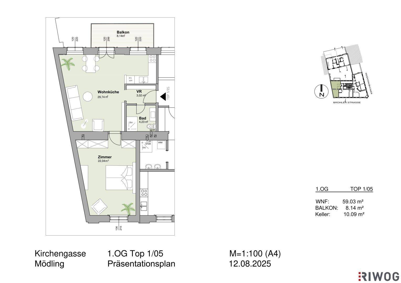 Grundriss einer Wohnung im ersten Obergeschoss mit Wohnküche, Zimmer und Balkon.