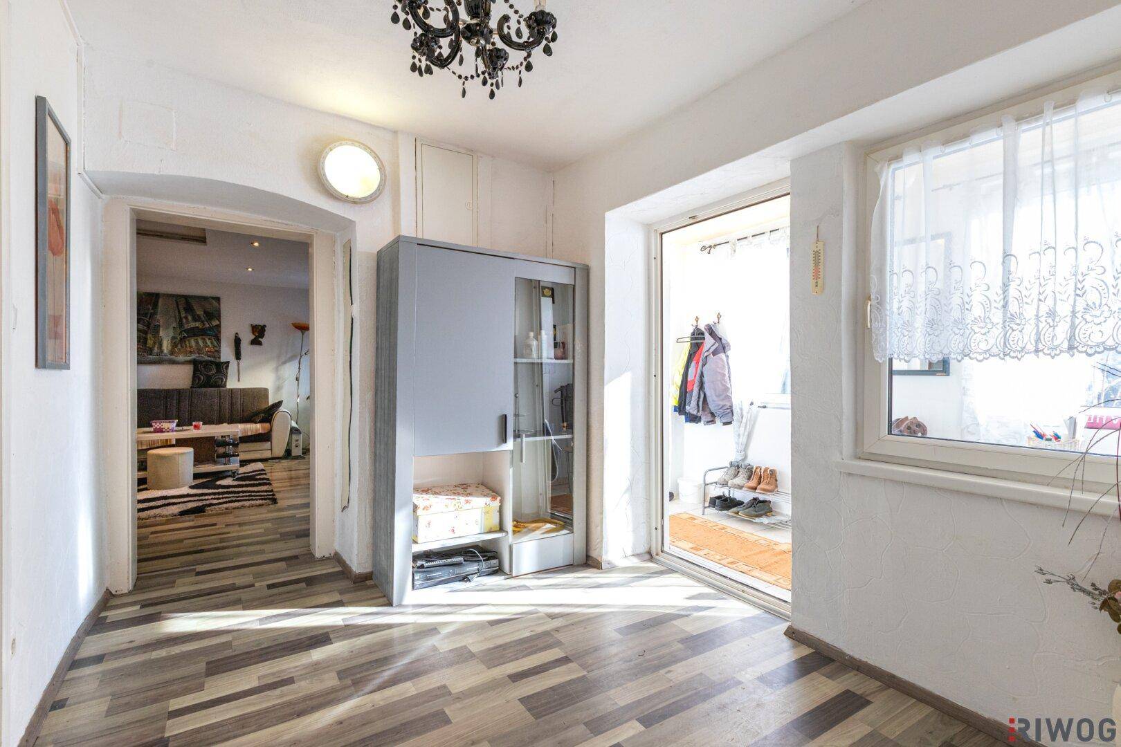 Eingangsbereich mit modernem Schrank, Holzboden und Zugang zum Wohnzimmer.