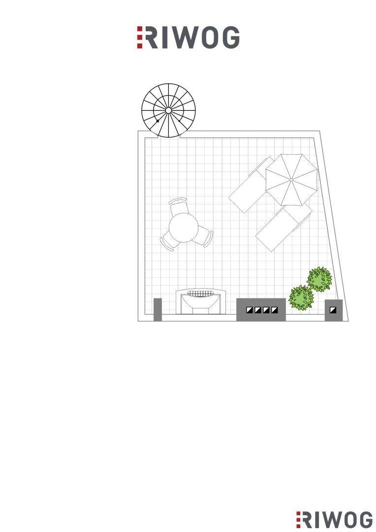 Grundriss der oberen Ebene zeigt die Dachterrasse mit Sitzgelegenheiten und Sonnenschirm.