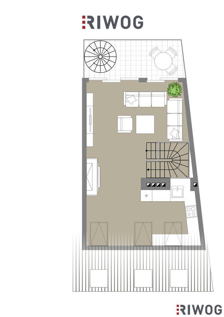 Grundriss der mittleren Ebene mit offenem Wohnbereich, Küche und Treppe zur Dachterrasse.