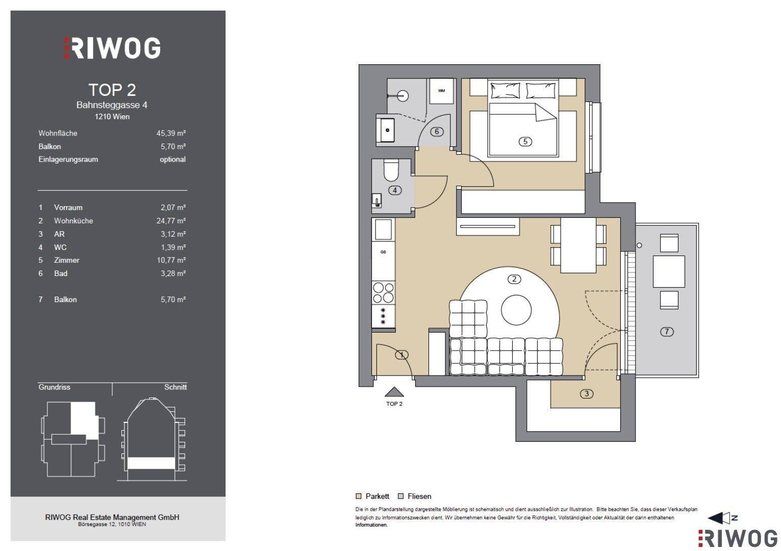 Übersichtlicher Grundriss einer Wohnung mit einem Schlafzimmer, Balkon und offenem Wohnbereich.