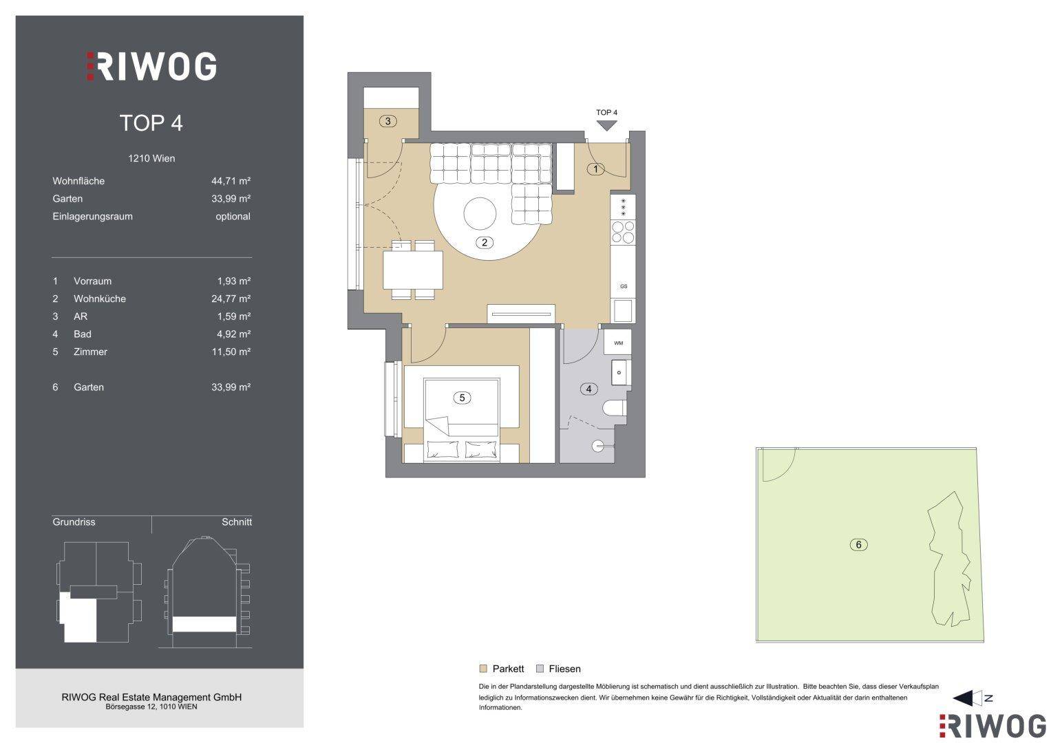 Grundriss der Wohnung TOP 4 mit Wohnbereich, Schlafzimmer und Garten.