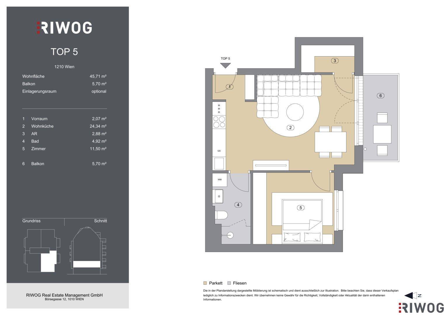 Grundriss der Wohnung TOP 5 mit offenem Wohnbereich, Balkon und einem Schlafzimmer.