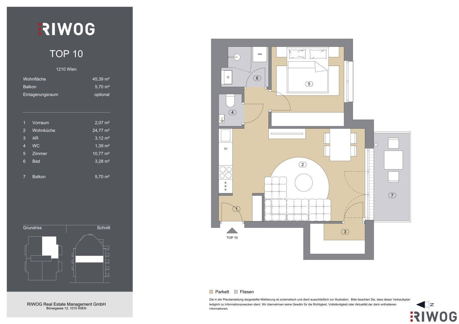 Detaillierter Grundriss der Wohnung TOP 10 mit Wohnküche, Schlafzimmer und Balkon.