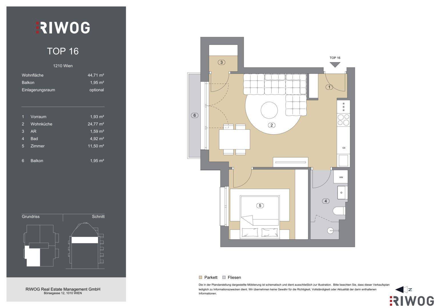 Grundriss der Wohnung TOP 16 mit einem Schlafzimmer, offenem Wohnbereich und Balkon.