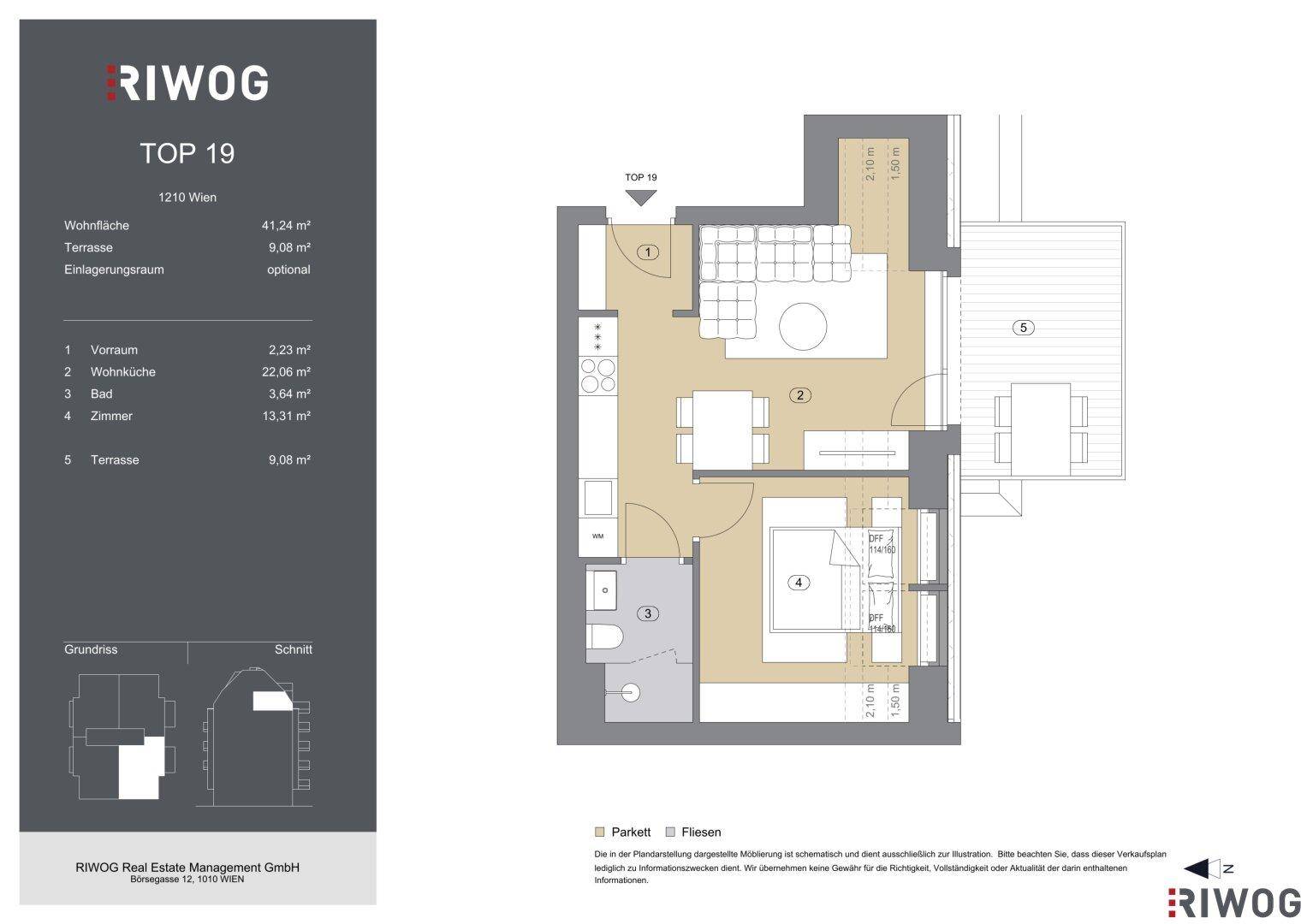 Detaillierter Grundriss der Wohnung Top 19 mit Wohnfläche und Terrassenbereich.