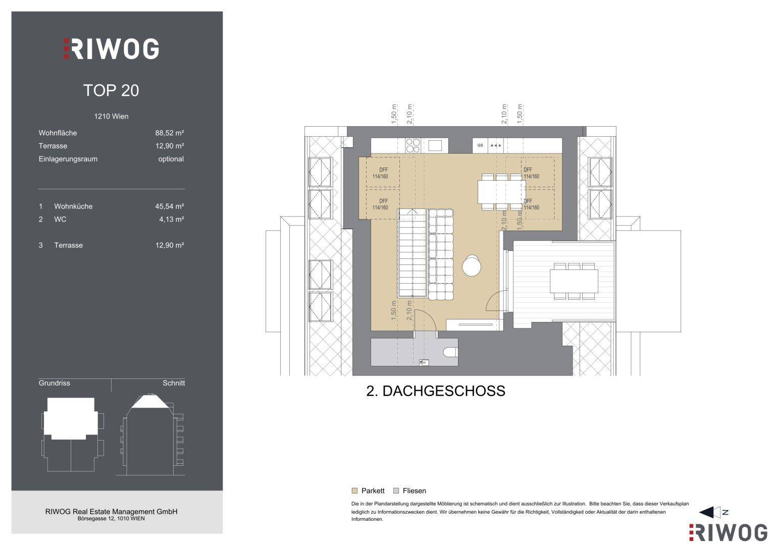 Grundriss des zweiten Dachgeschosses mit offenem Wohnbereich, Küche und großer Terrasse.