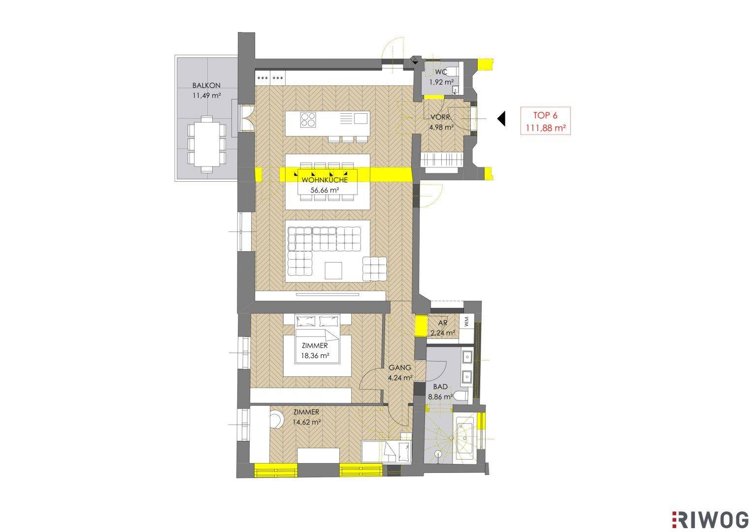 Grundriss der Wohnung Top 6 mit offenem Wohnbereich, zwei Zimmern und Balkon.