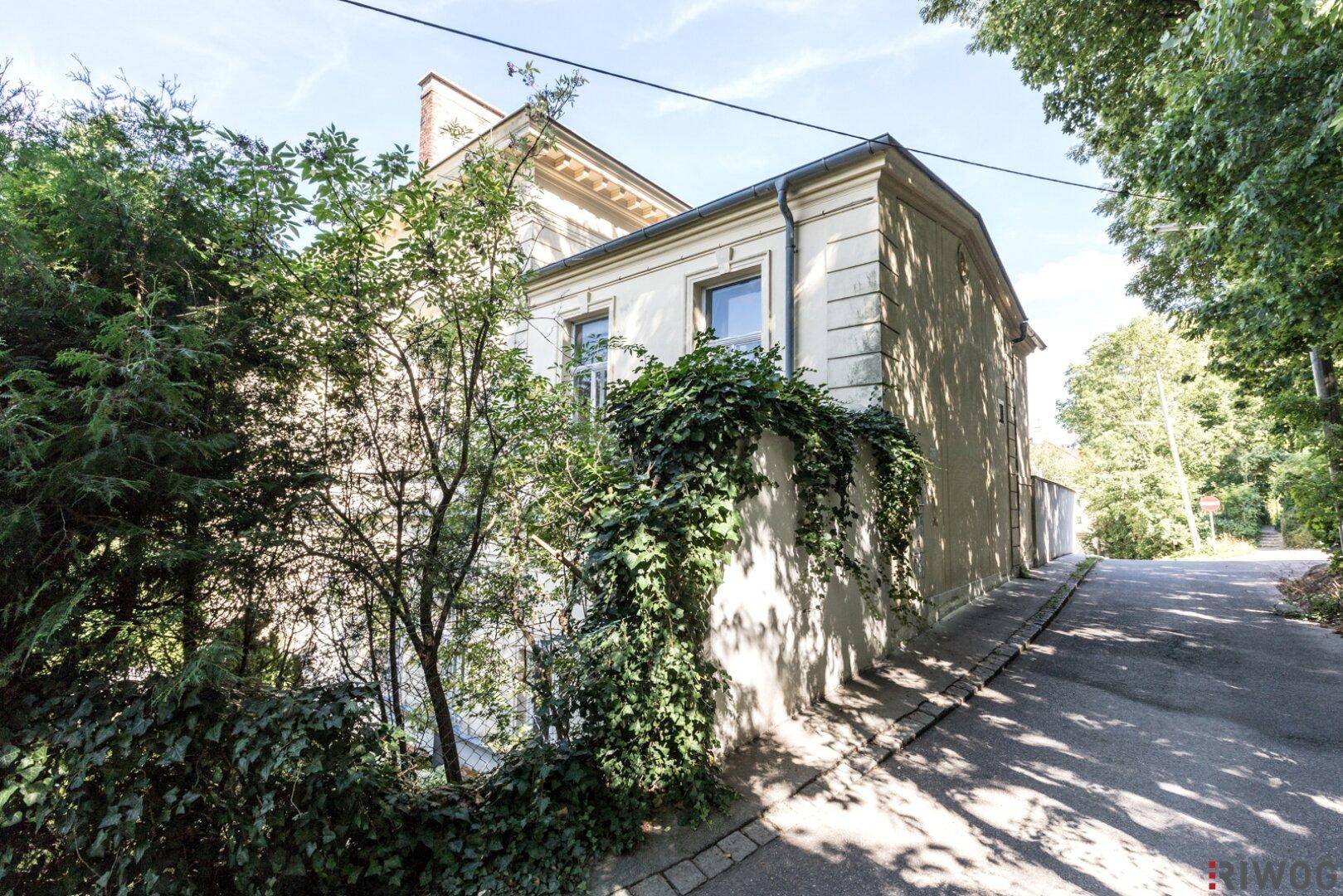 Seitenansicht des Gebäudes mit üppigem Grün und einer ruhigen Zufahrtsstraße.