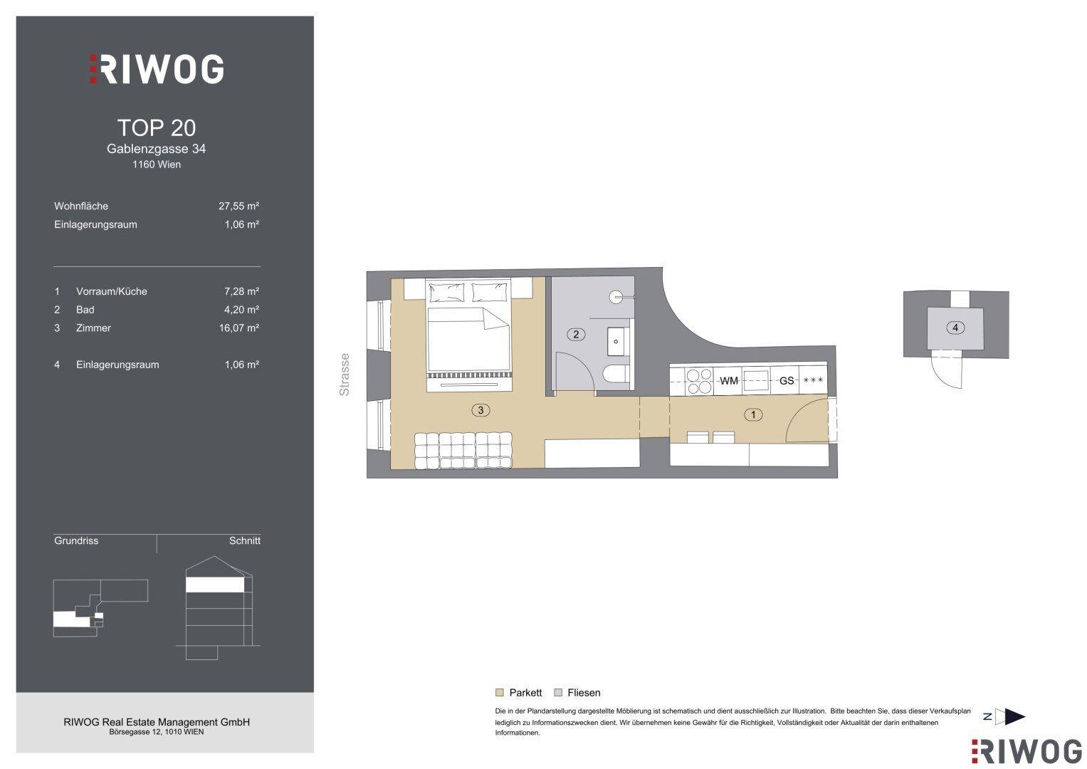 Übersichtlicher Grundriss einer modernen Wohnung mit offenem Wohnbereich, Schlafzimmer und separatem Bad.