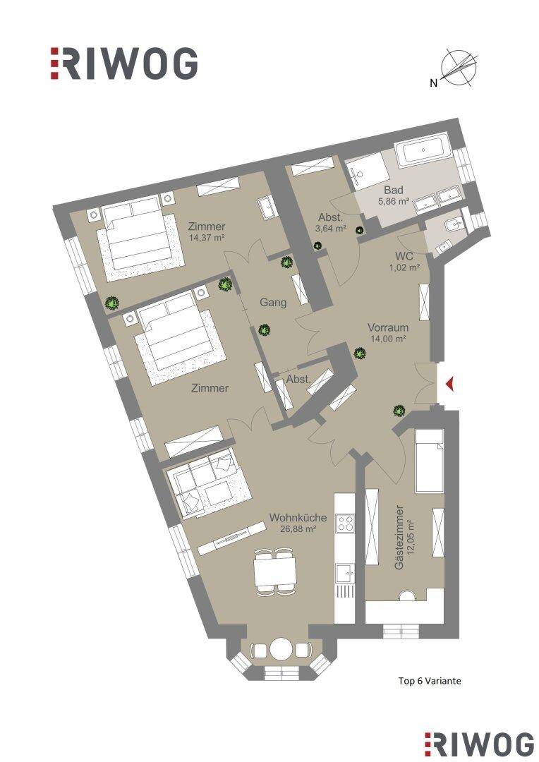 Alternativer Grundriss der Wohnung mit Wohnküche, zwei Zimmern und einem Gästezimmer.