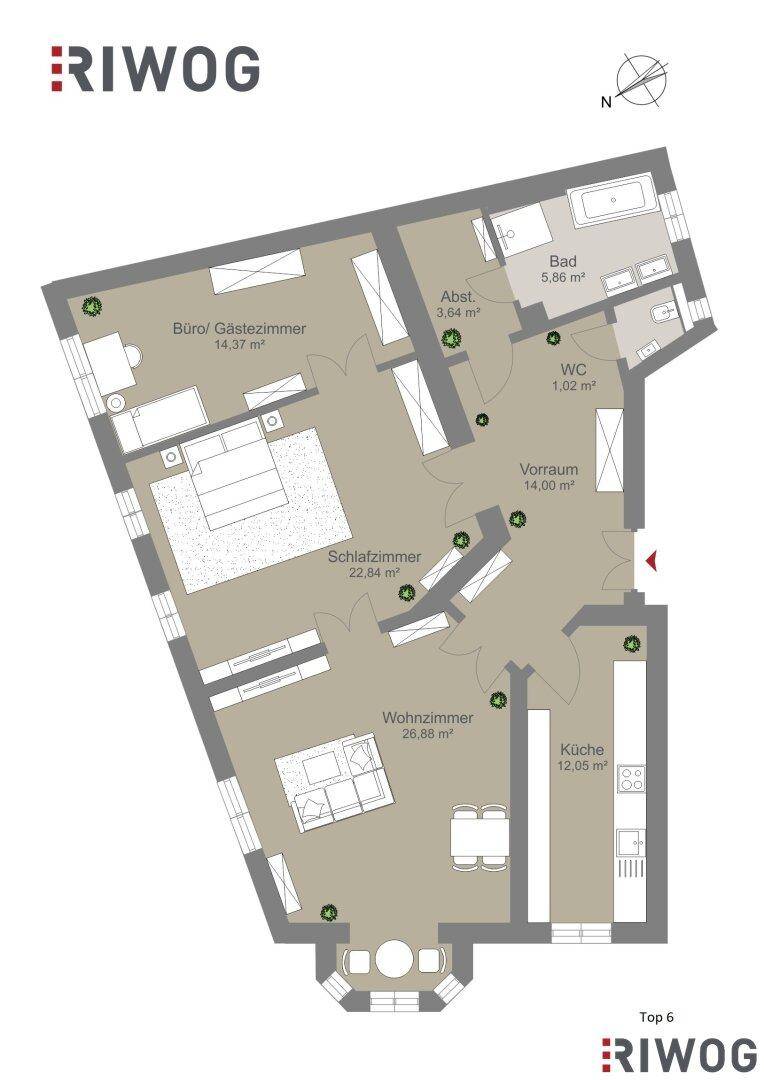 Grundriss der Wohnung mit drei Zimmern, Bad, WC und separater Küche.