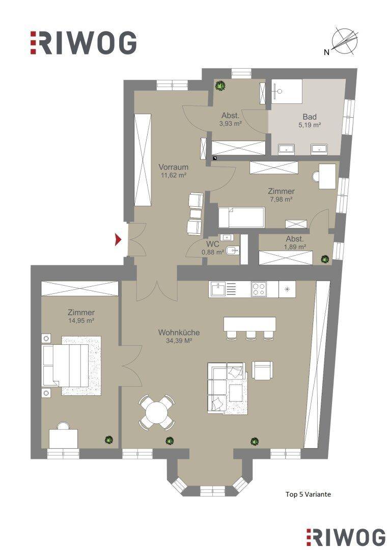 Alternativer Grundriss der Wohnung Top 5 mit offener Wohnküche und zwei Zimmern.