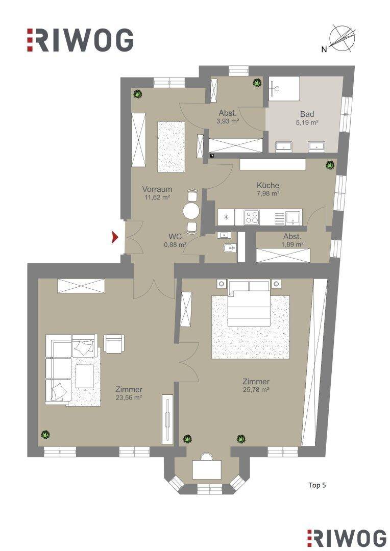 Grundriss der Wohnung Top 5 mit separater Küche, Bad und WC.