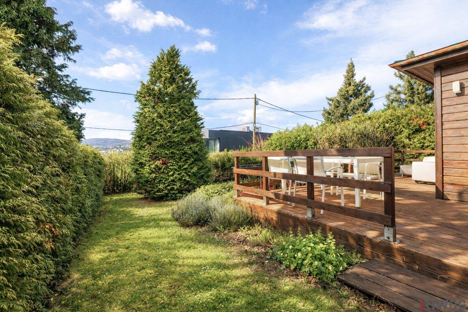 Gepflegter Gartenbereich mit Rasenfläche, hohen Hecken und einer Holzterrasse mit Esstisch.