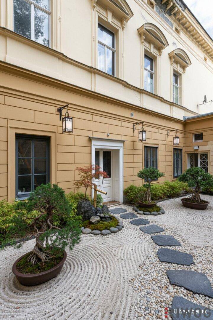 Ein ruhiger Zen-Garten mit Kiesflächen, Trittsteinen und Bonsai-Bäumen neben der Villa.