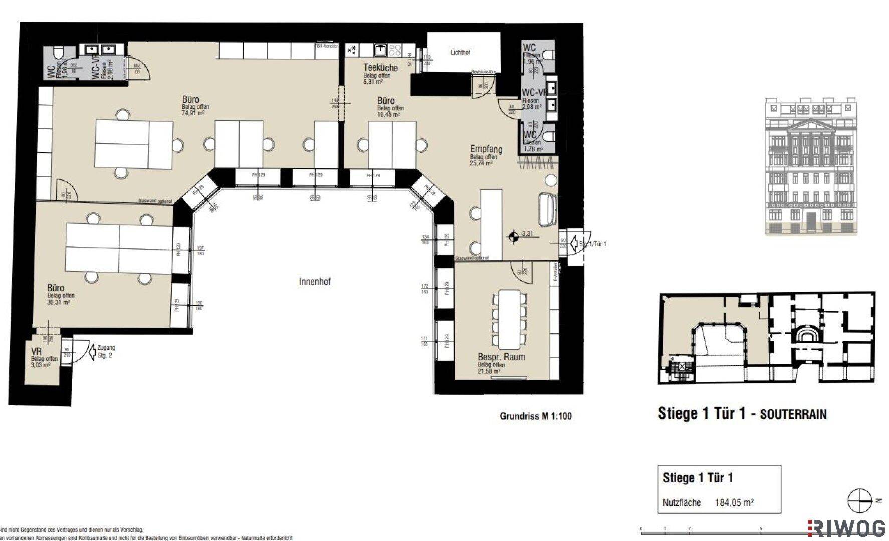Grundriss des Souterrains mit Büros, Besprechungsraum und Teeküche auf 184,05 m².