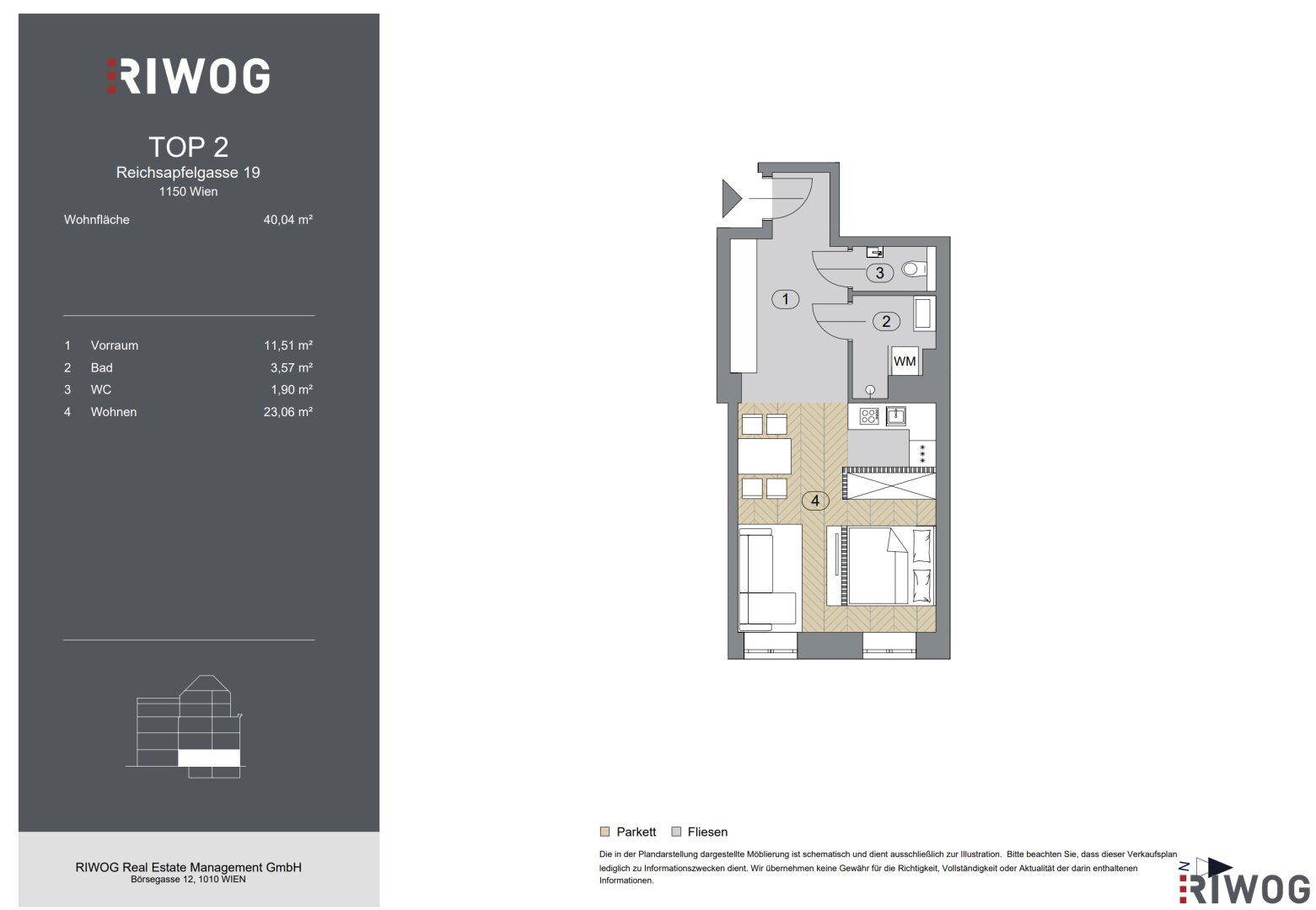 Grundriss der Wohnung Top 2 mit 40,04 m² Wohnfläche, inklusive Bad und WC.