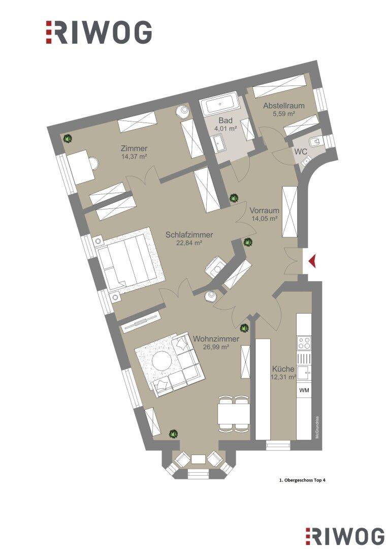 Grundriss der Wohnung im Obergeschoss mit Schlafzimmer, Wohnzimmer, Küche und Bad.