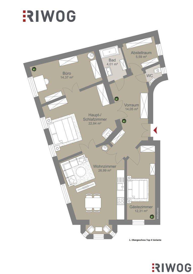Alternativer Grundriss der Wohnung mit Hauptschlafzimmer, Gästezimmer, Wohnzimmer und Bad.