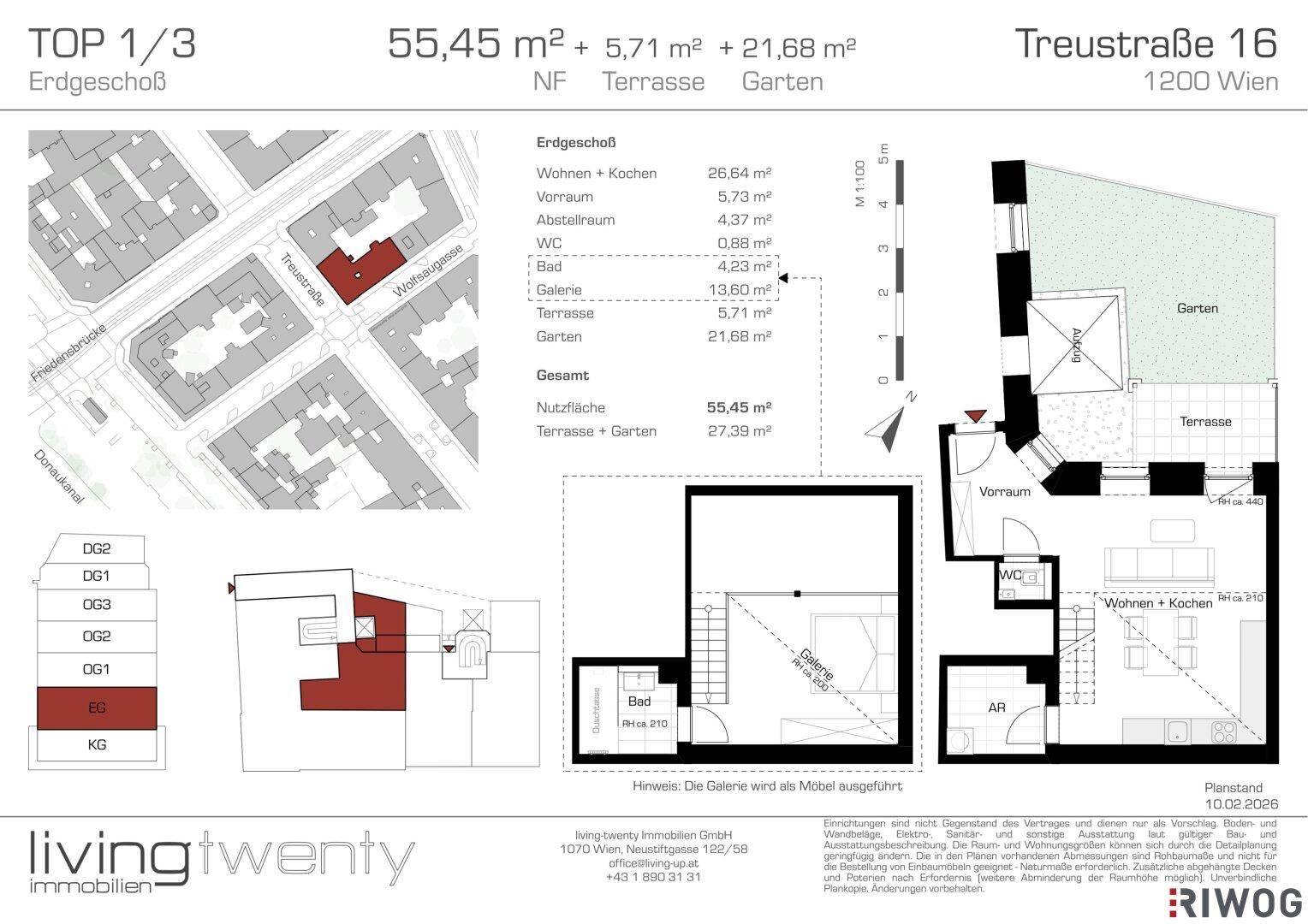 Grundriss der Erdgeschosswohnung mit offenem Wohn- und Kochbereich, Galerie, separatem Bad und WC, sowie Terrasse und Garten.