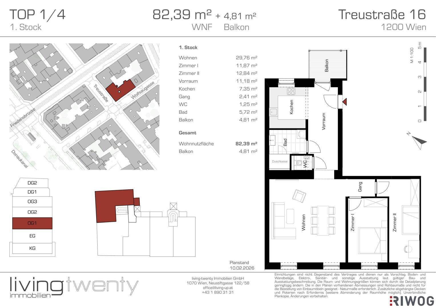 Detaillierter Grundrissplan einer Wohnung im ersten Stock mit zwei Schlafzimmern, separater Küche und Balkon.